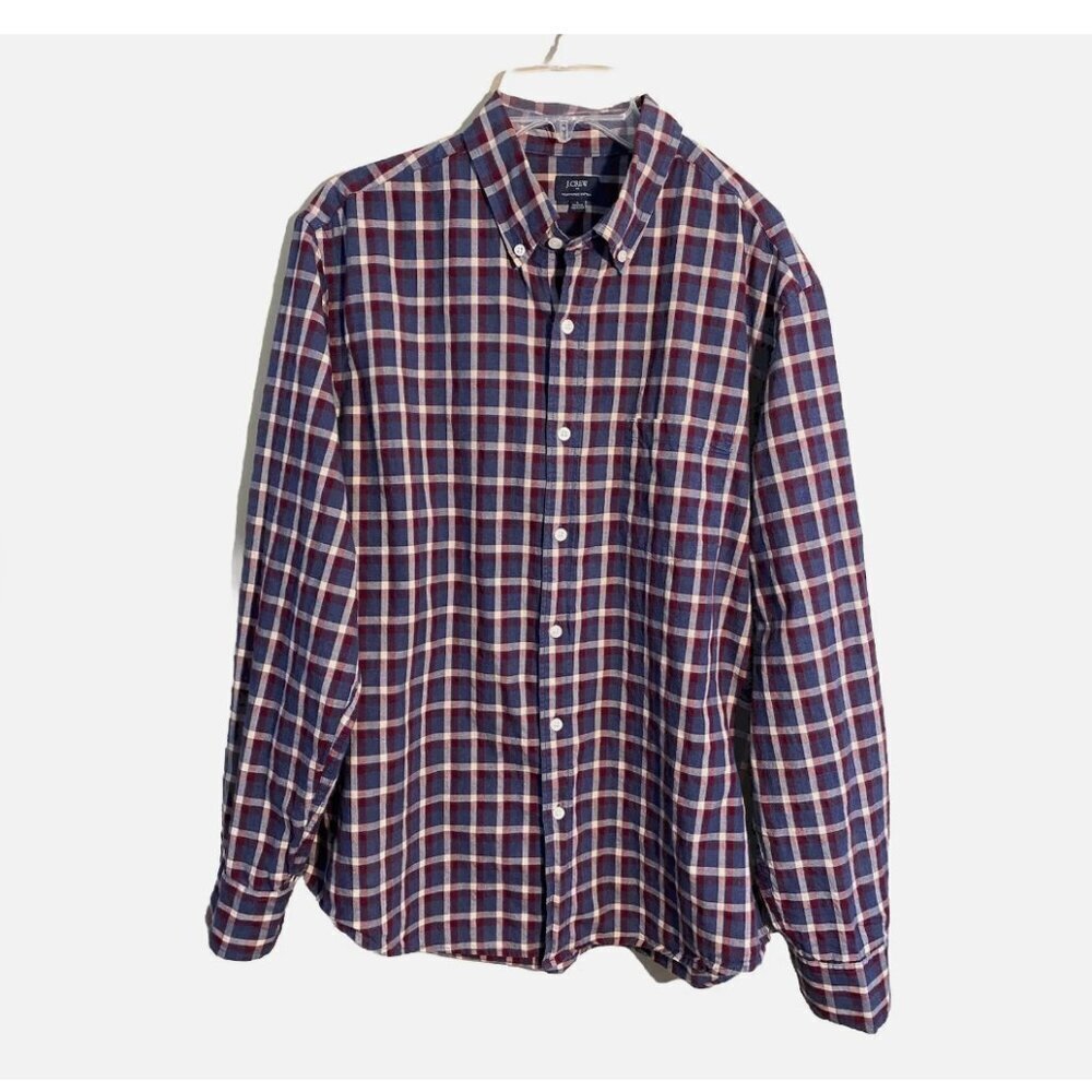 J.Crew Men's Heathered Cotton Blue Red White Plaid Pocket Button Up Shirt Size L